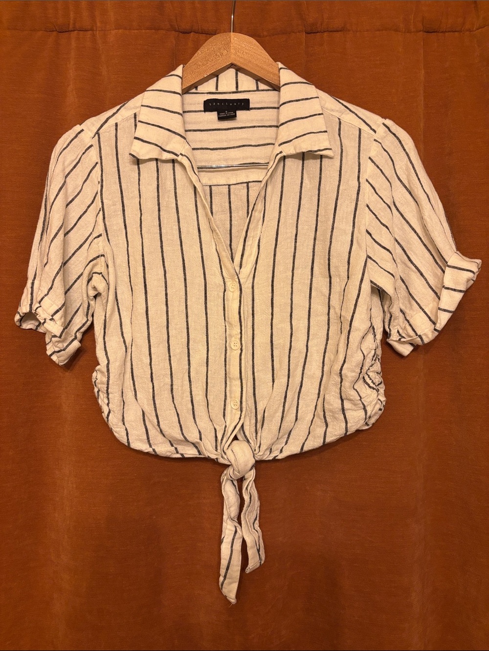 Sanctuary Ivory Button-Front Tie Crop Top with Navy Stripes